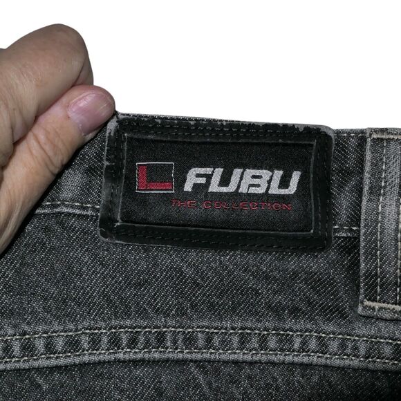 Vintage FUBU Cheja Carpenter Cargo Jeans Wide Leg Dark Gray Distressed Frayed 40 - Picture 3 of 9